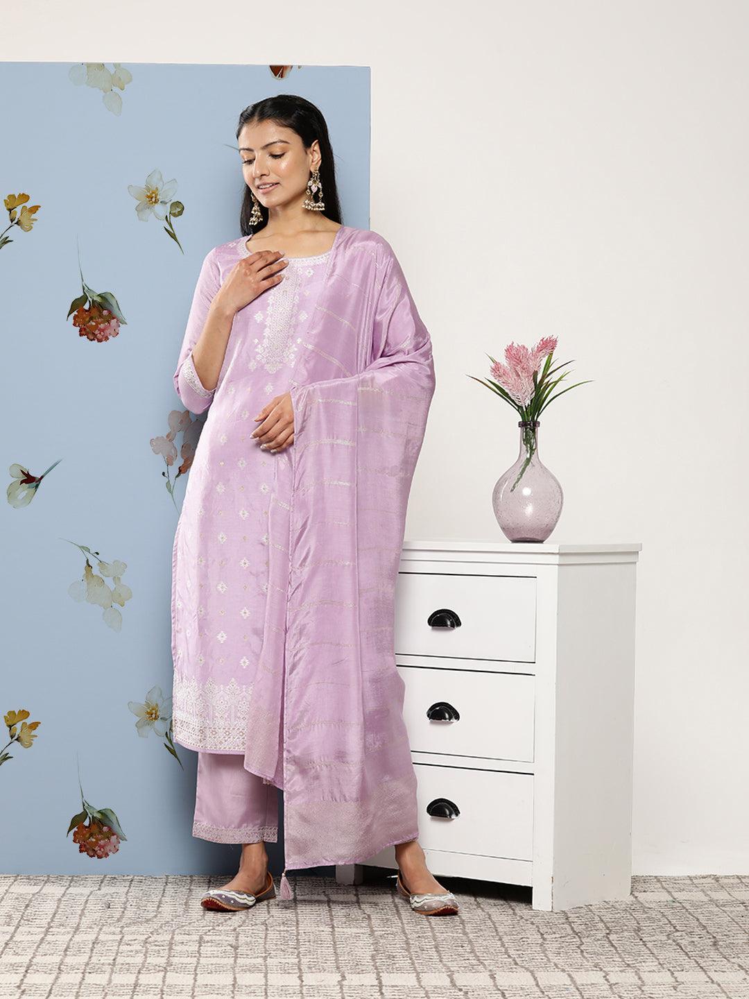 Lavender Self Design Silk Blend Straight Kurta With Trousers & Dupatta