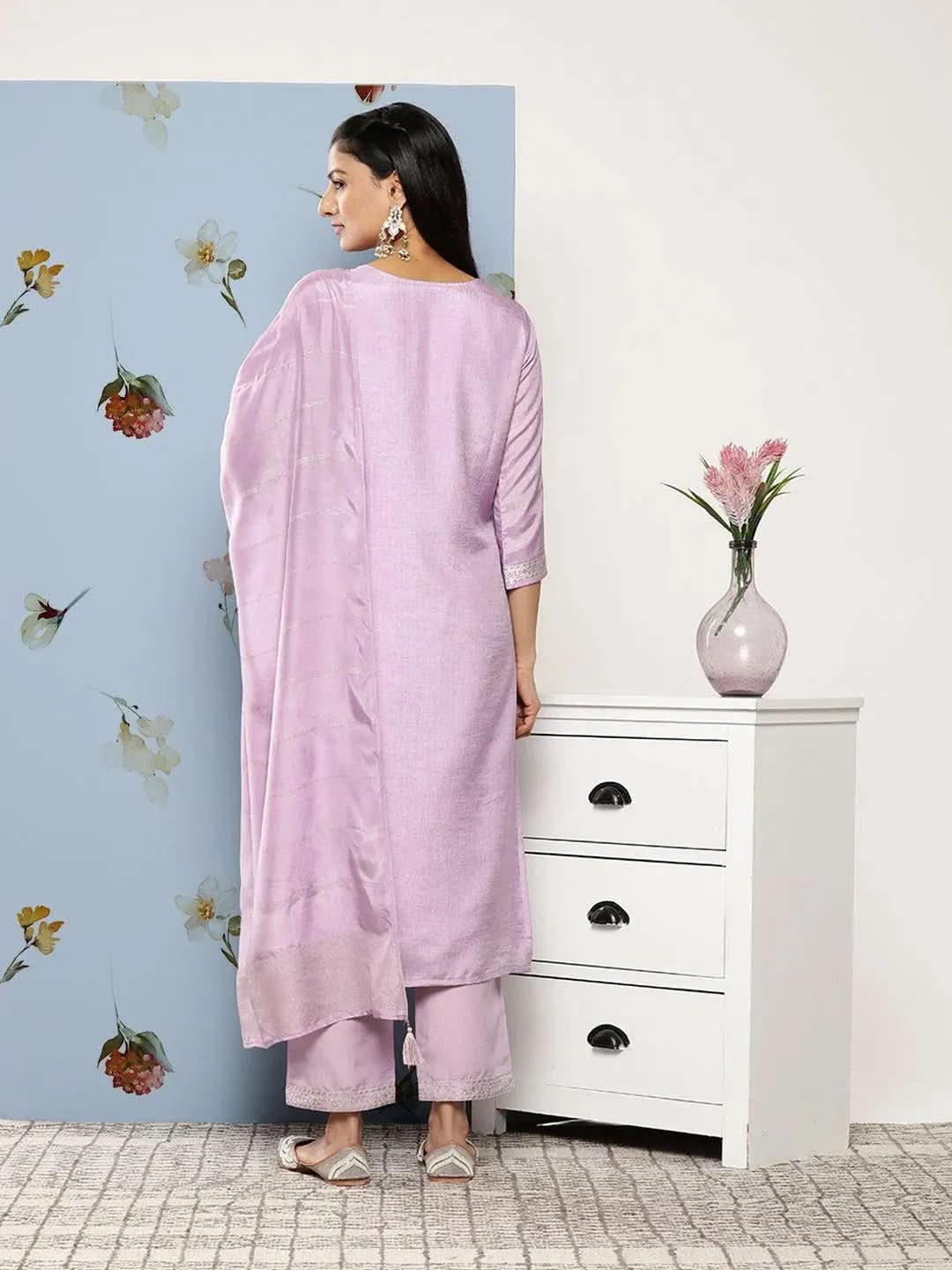 

Lavender Self Design Silk Blend Straight Kurta With Trousers & Dupatta