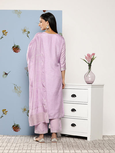 Lavender Self Design Silk Blend Suit Set With Trousers - Libas