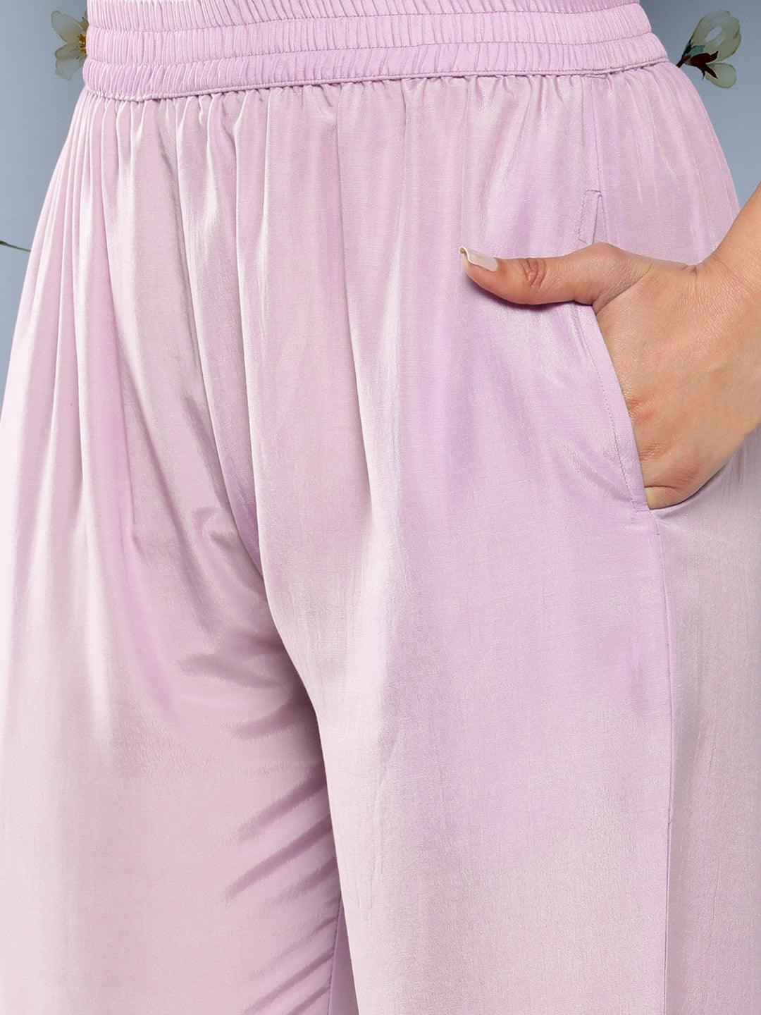 Lavender Self Design Silk Blend Straight Kurta With Trousers & Dupatta