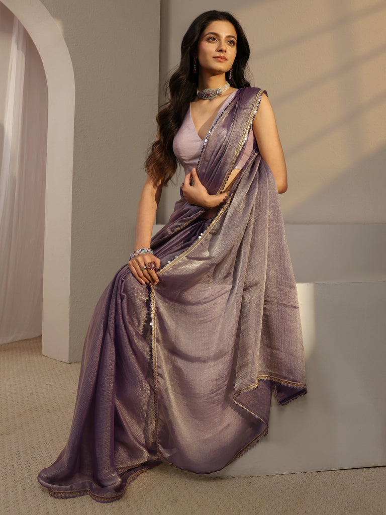 Libas Lavender Solid Chiffon Saree With Unstitched Blouse Piece