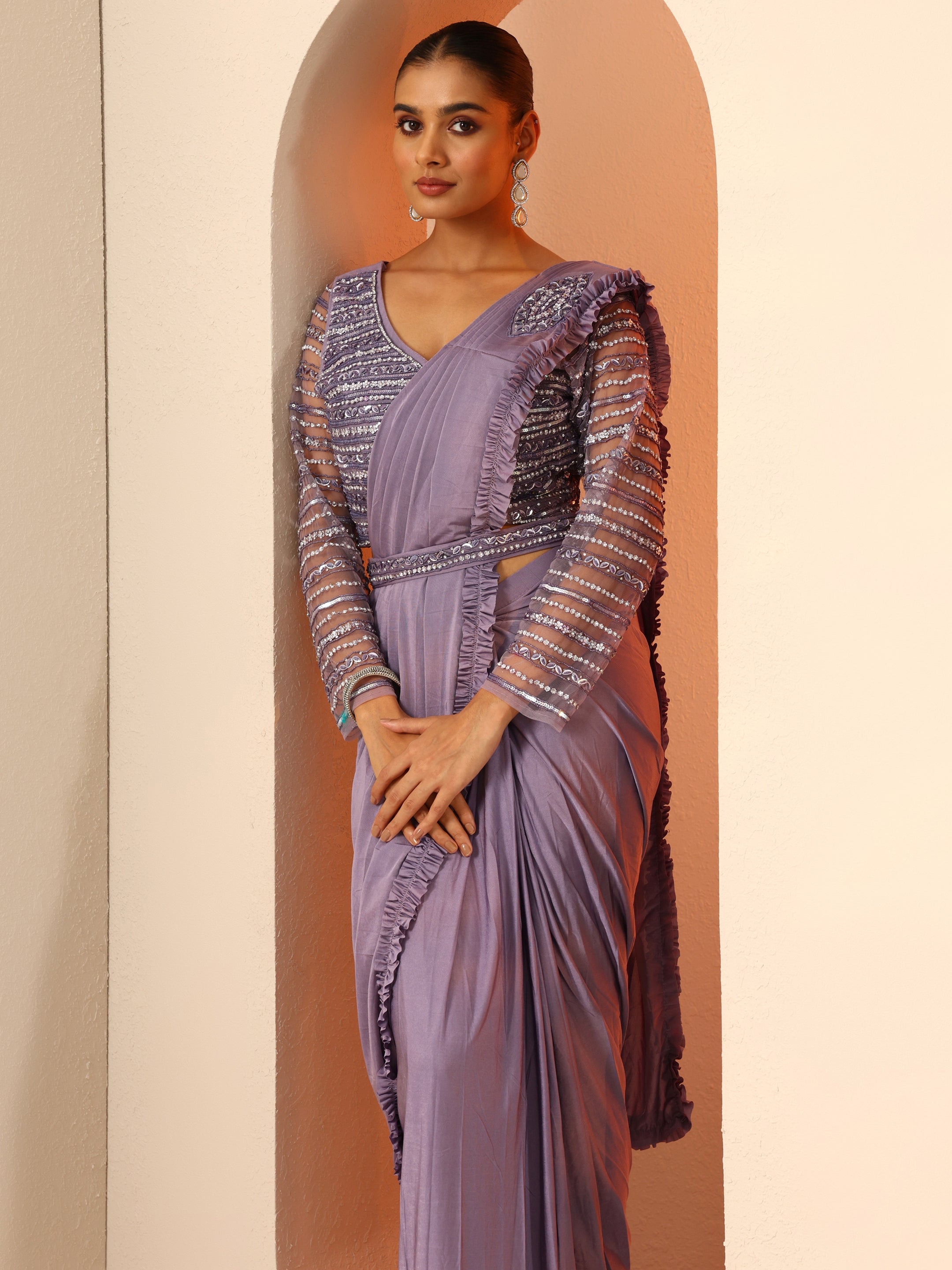Lavender Solid Nylon Saree With Unstitched Blouse Piece-image-49