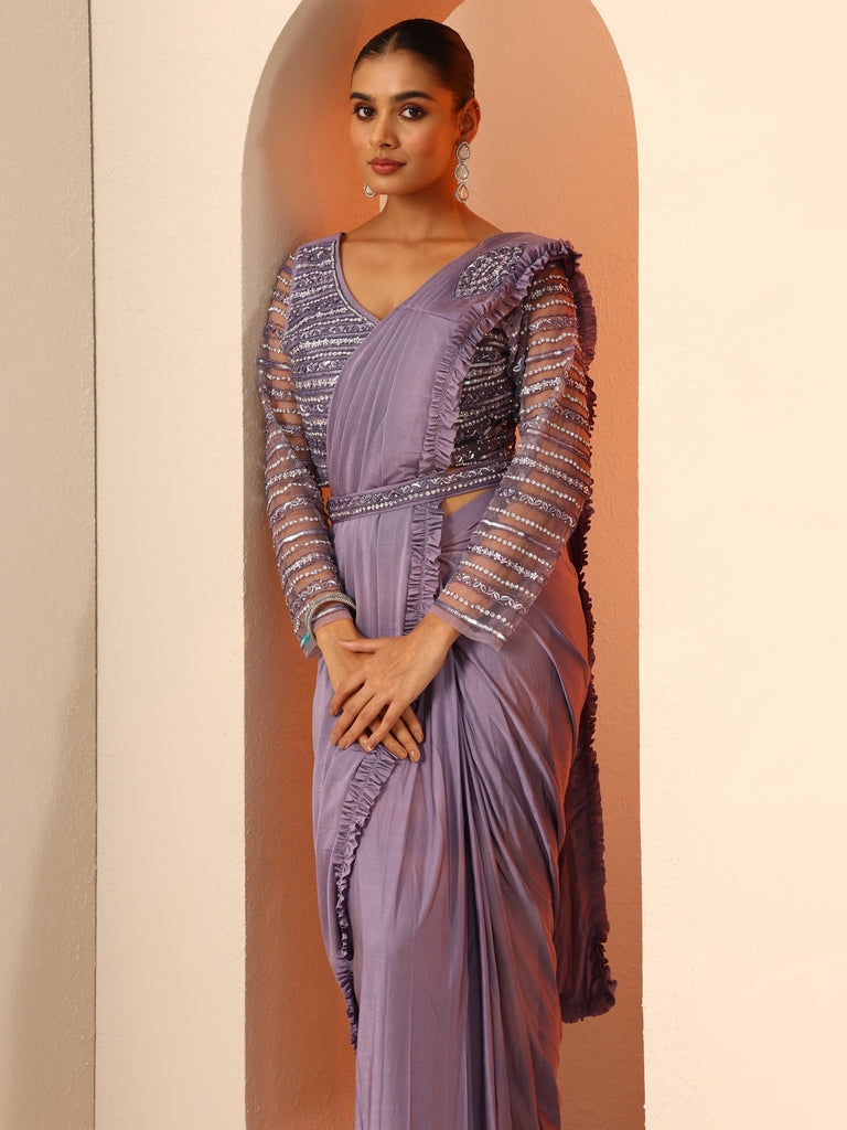 Lavender Solid Nylon Saree With Unstitched Blouse Piece