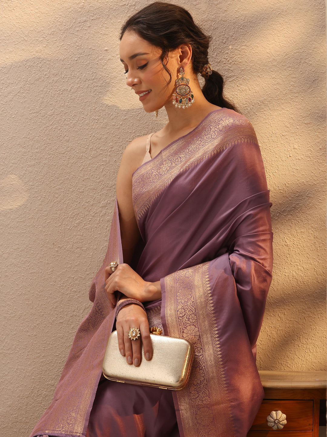  Lavender Solid Silk Blend Saree With Unstitched Blouse Piece 