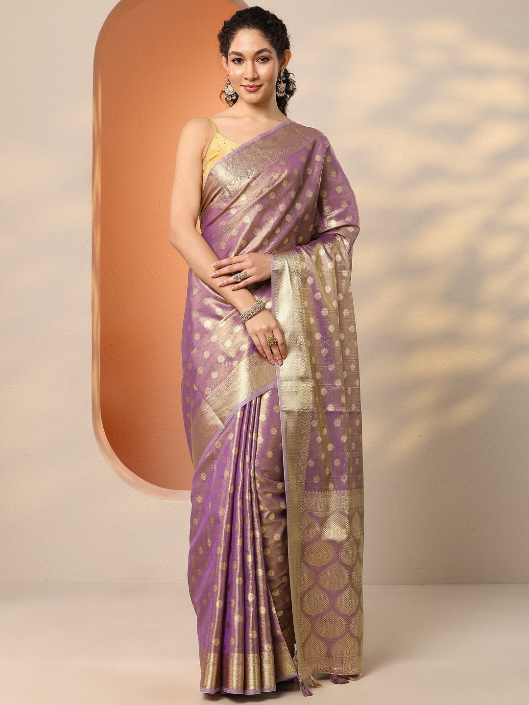  Lavender Woven Design Silk Blend Saree With Unstitched Blouse Piece 