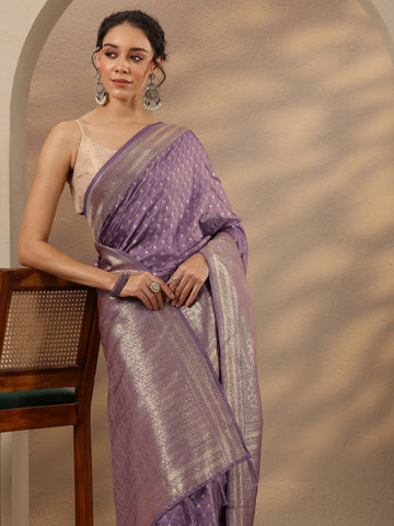 Lavender Woven Design Silk Blend Saree With Unstitched Blouse Piece