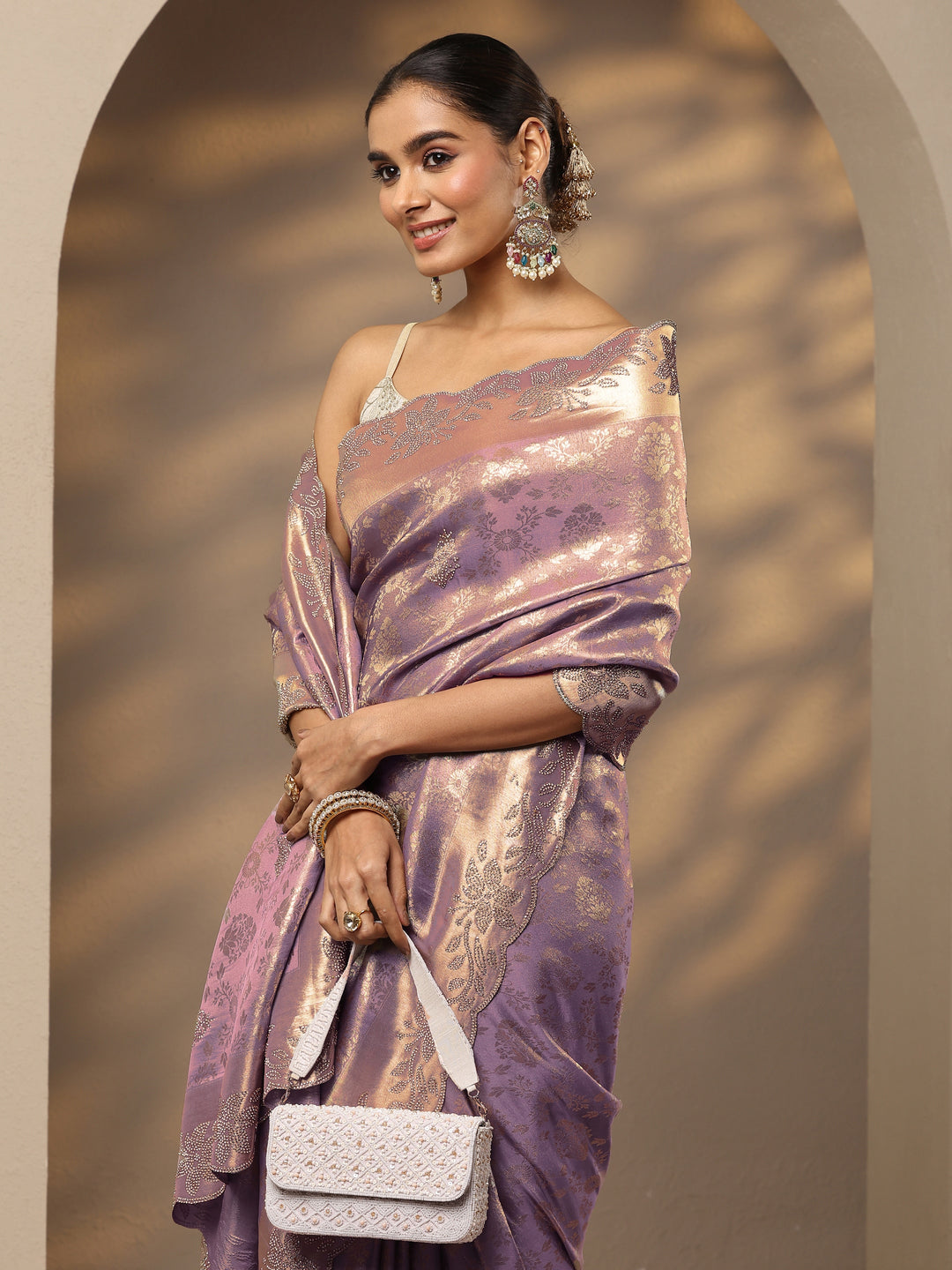  Lavender Woven Design Silk Blend Saree With Unstitched Blouse Piece 