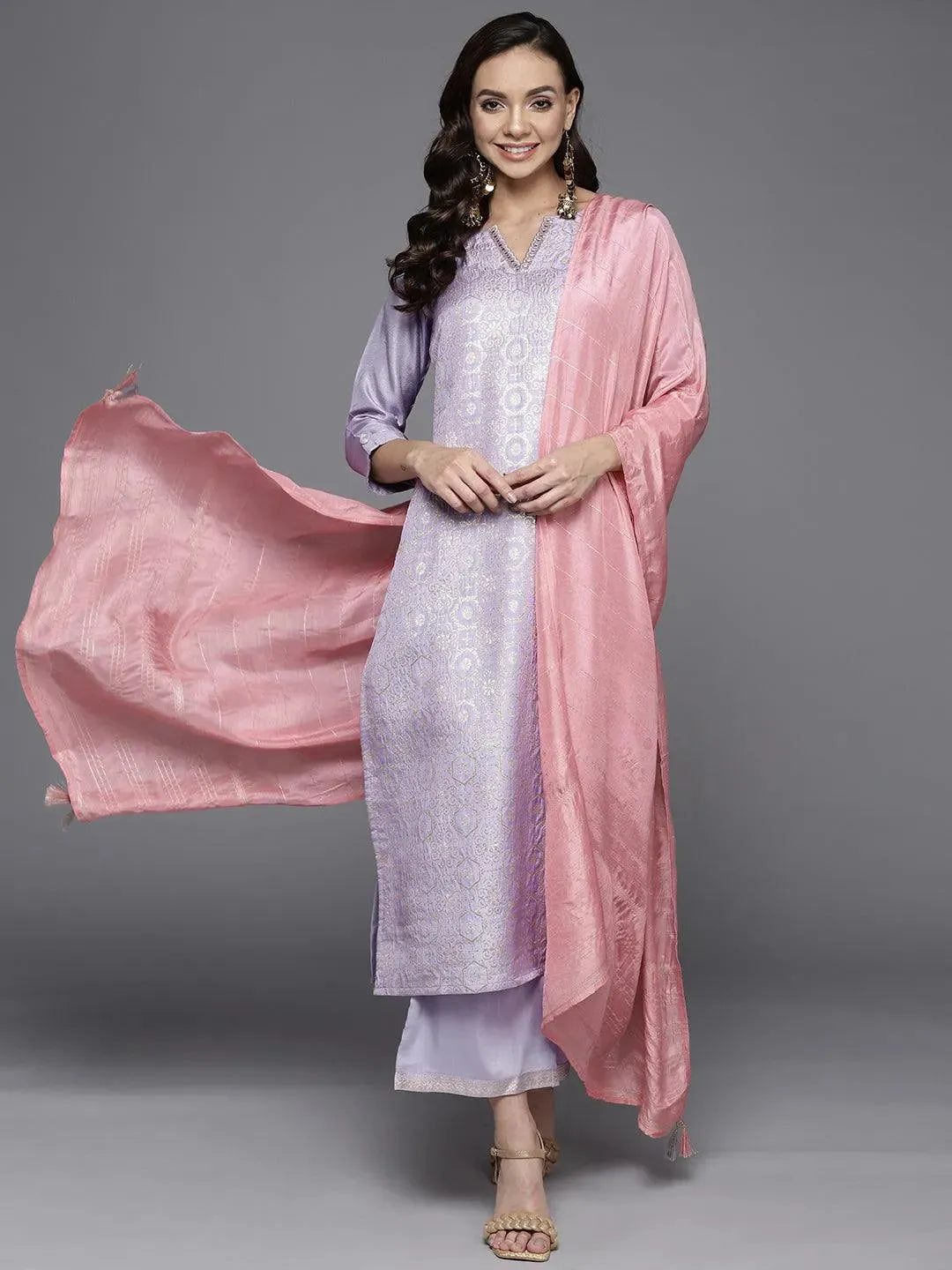 Lavender Woven Design Silk Blend Straight Suit Set - Libas