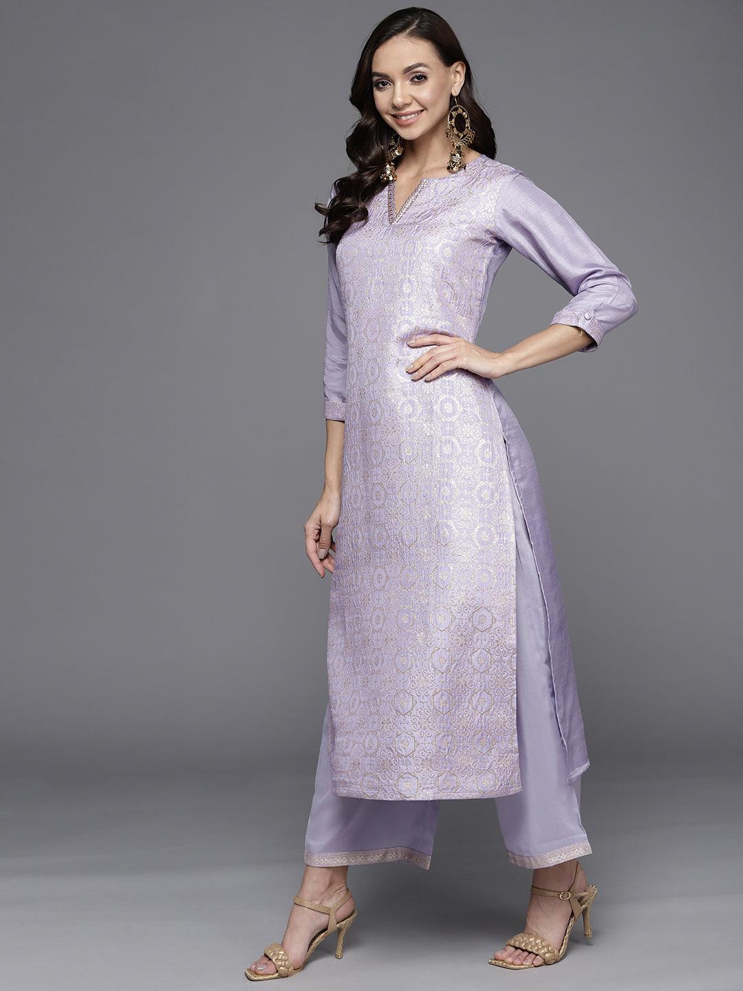 Lavender Woven Design Silk Blend Straight Suit Set - Libas