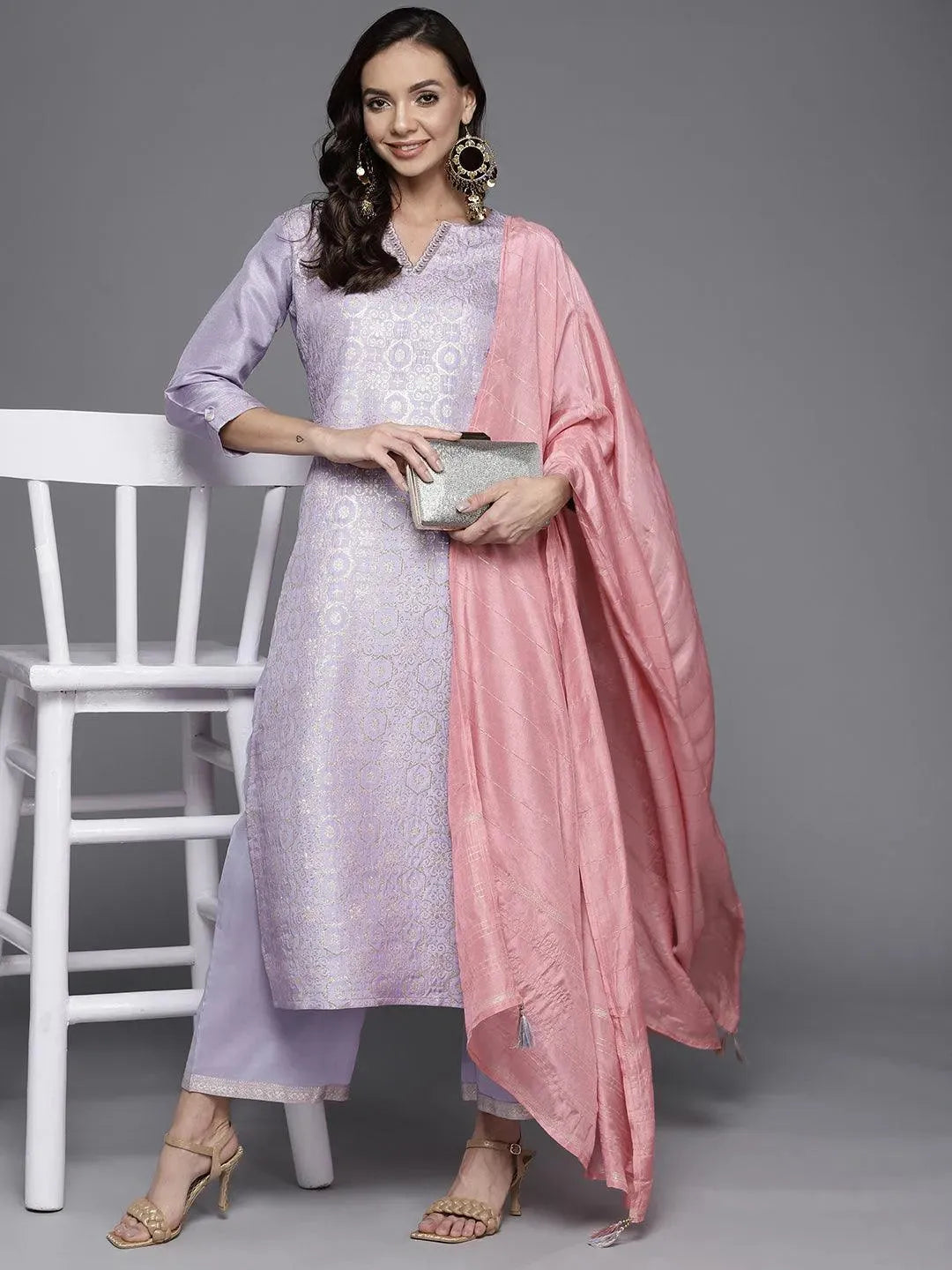 Lavender Woven Design Silk Blend Straight Suit Set - Libas