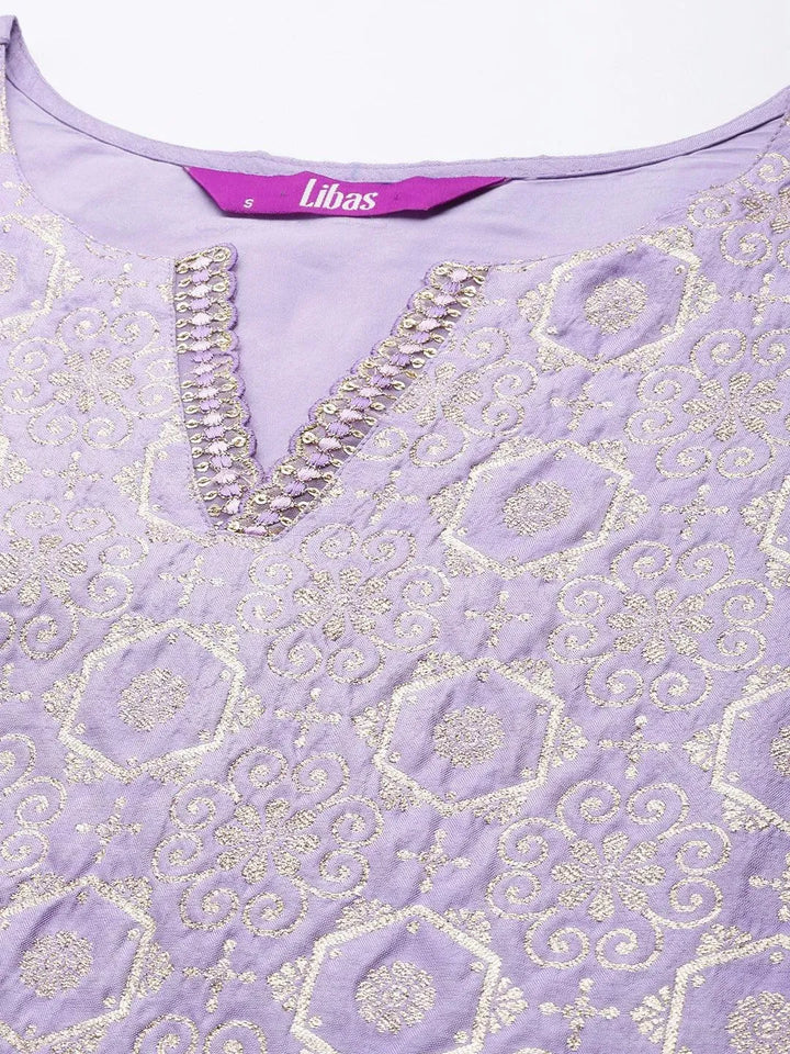 Lavender Woven Design Silk Blend Straight Suit Set - Libas