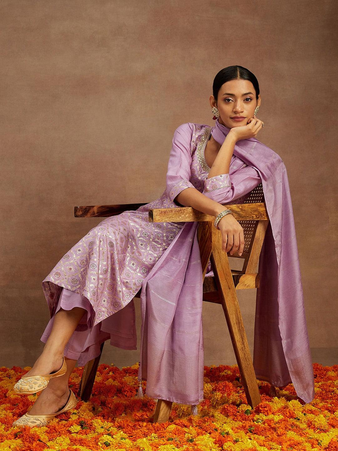 Lavender Woven Design Silk Blend Straight Suit With Dupatta