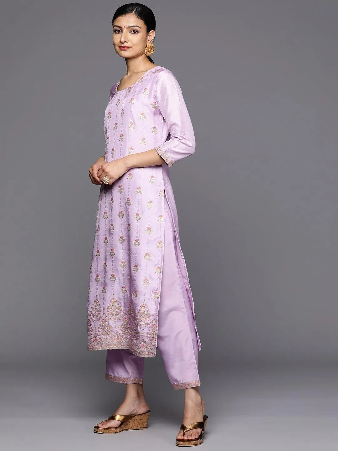 Lavender Woven Design Silk Blend Straight Kurta With Trousers & Dupatta - Libas 