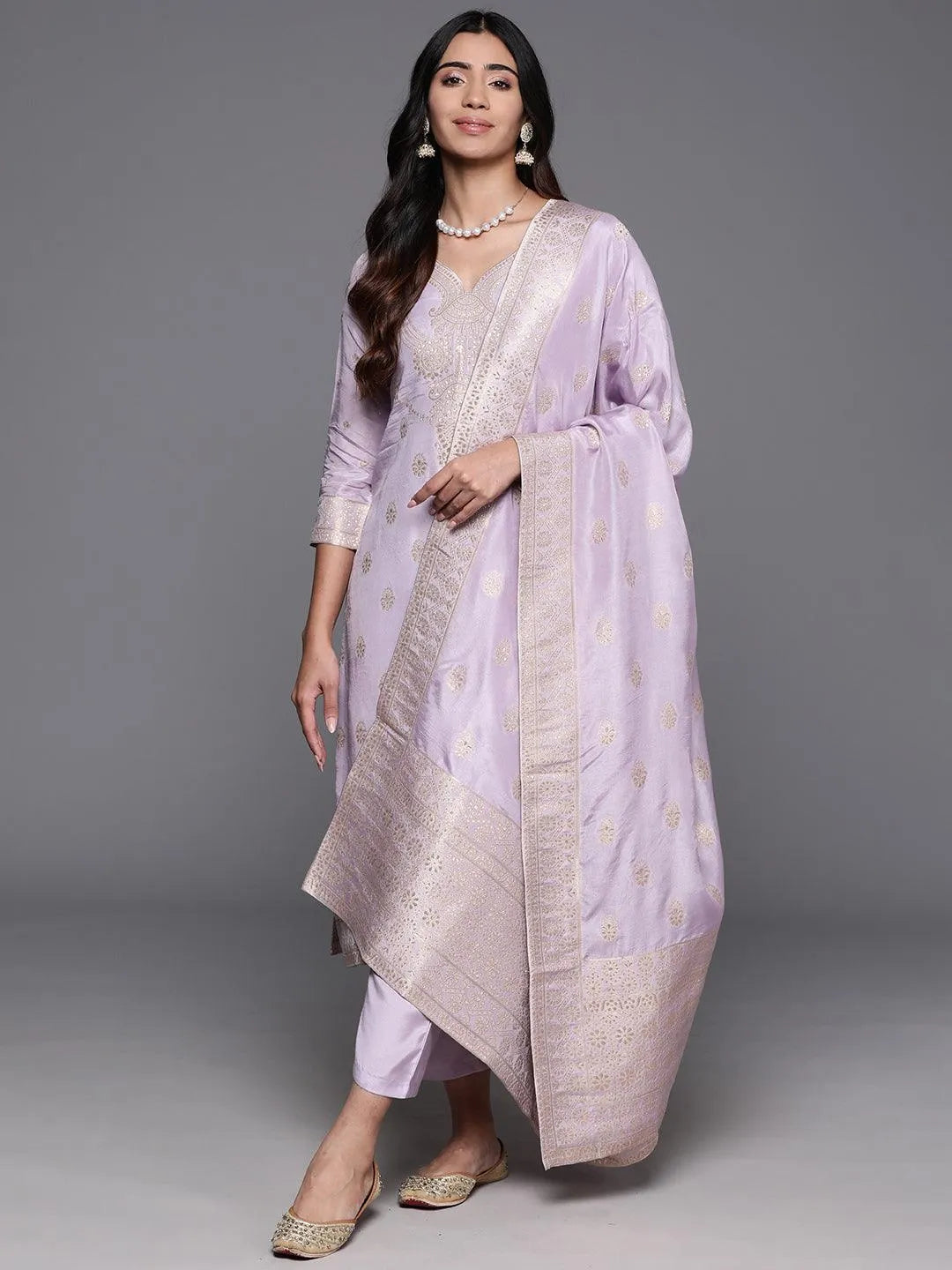 Lavender Woven Design Silk Blend Straight Kurta With Trousers & Dupatta - Libas 