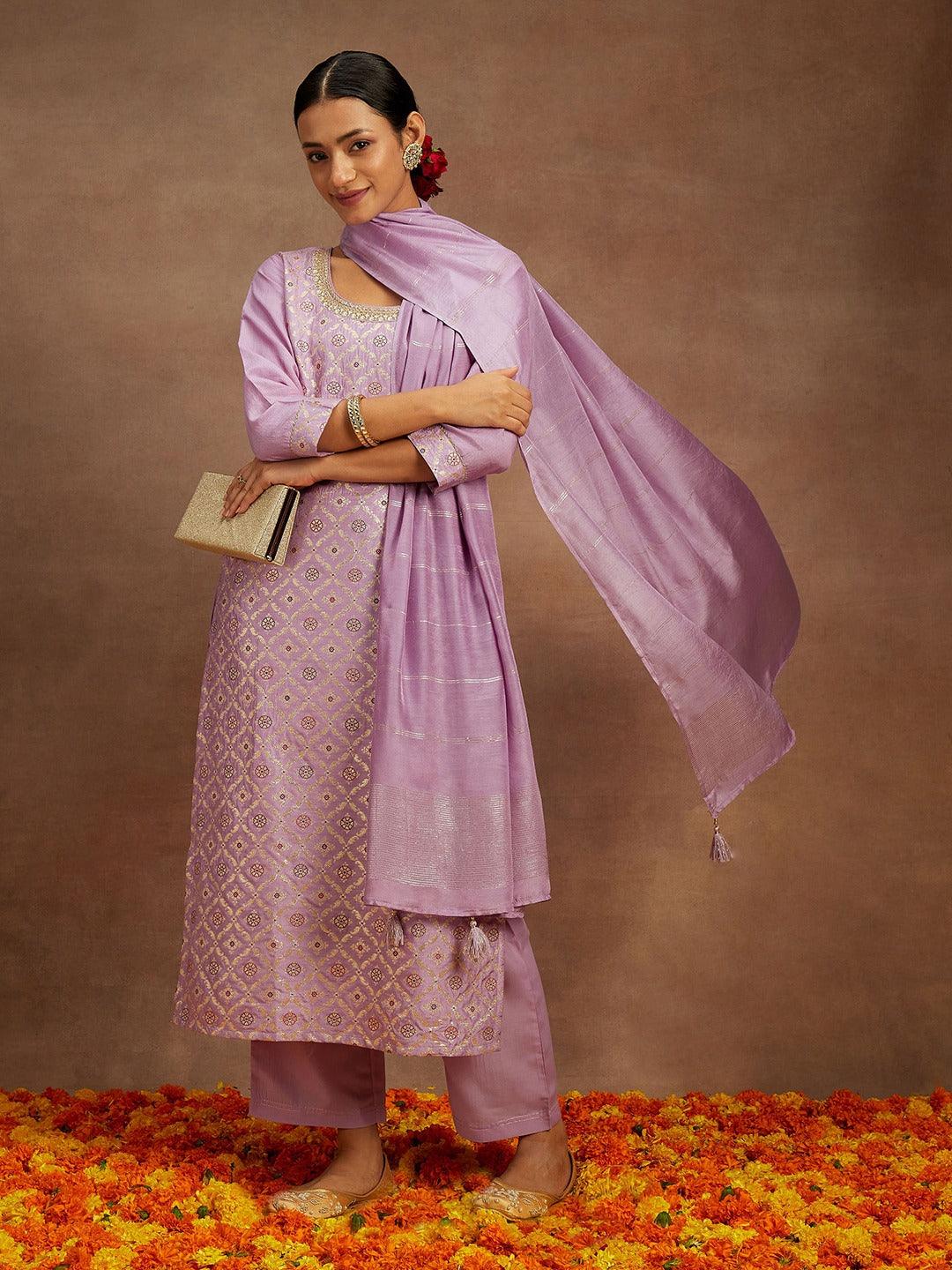 Lavender Woven Design Silk Blend Straight Suit With Dupatta