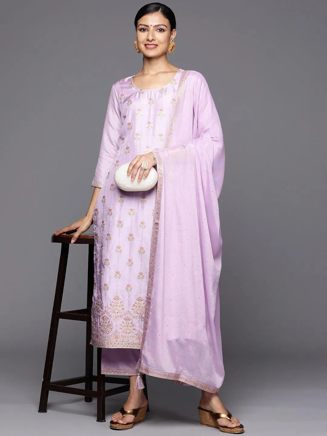 Lavender Woven Design Silk Blend Straight Kurta With Trousers & Dupatta - Libas 