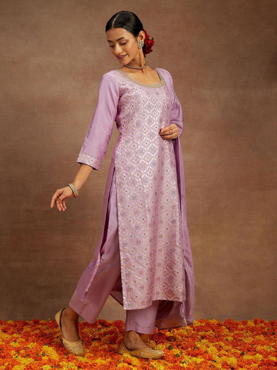 Lavender Woven Design Silk Blend Straight Kurta With Trousers & Dupatta - Libas