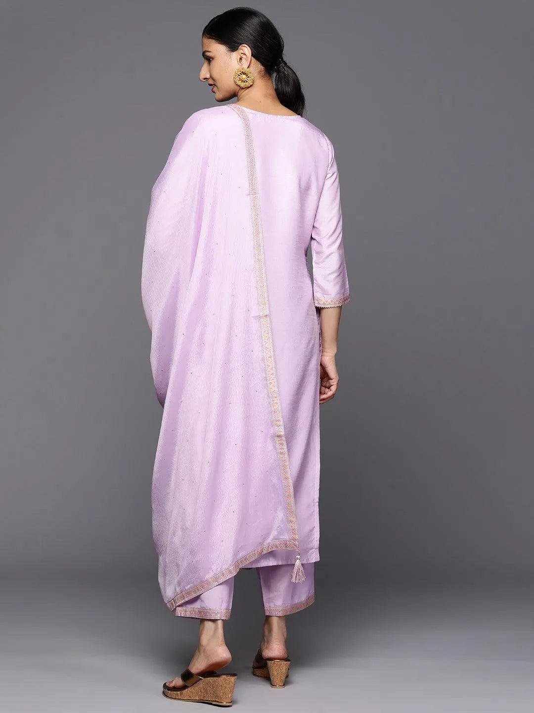 Lavender Woven Design Silk Blend Straight Kurta With Trousers & Dupatta - Libas 
