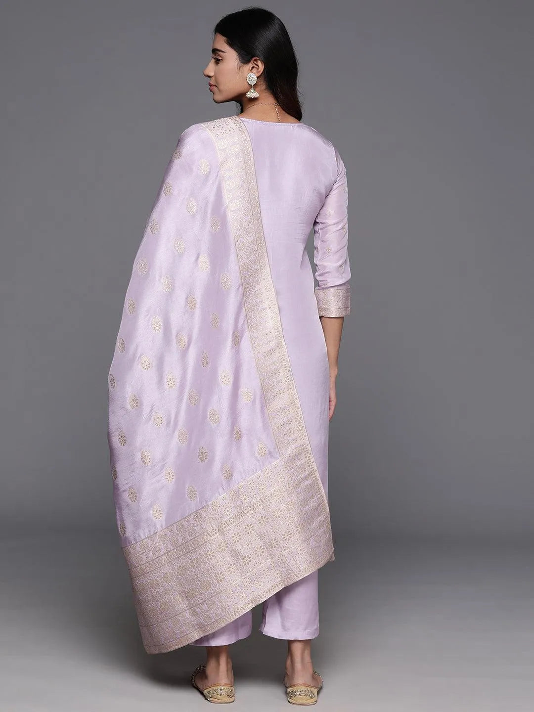 Lavender Woven Design Silk Blend Straight Kurta With Trousers & Dupatta - Libas 