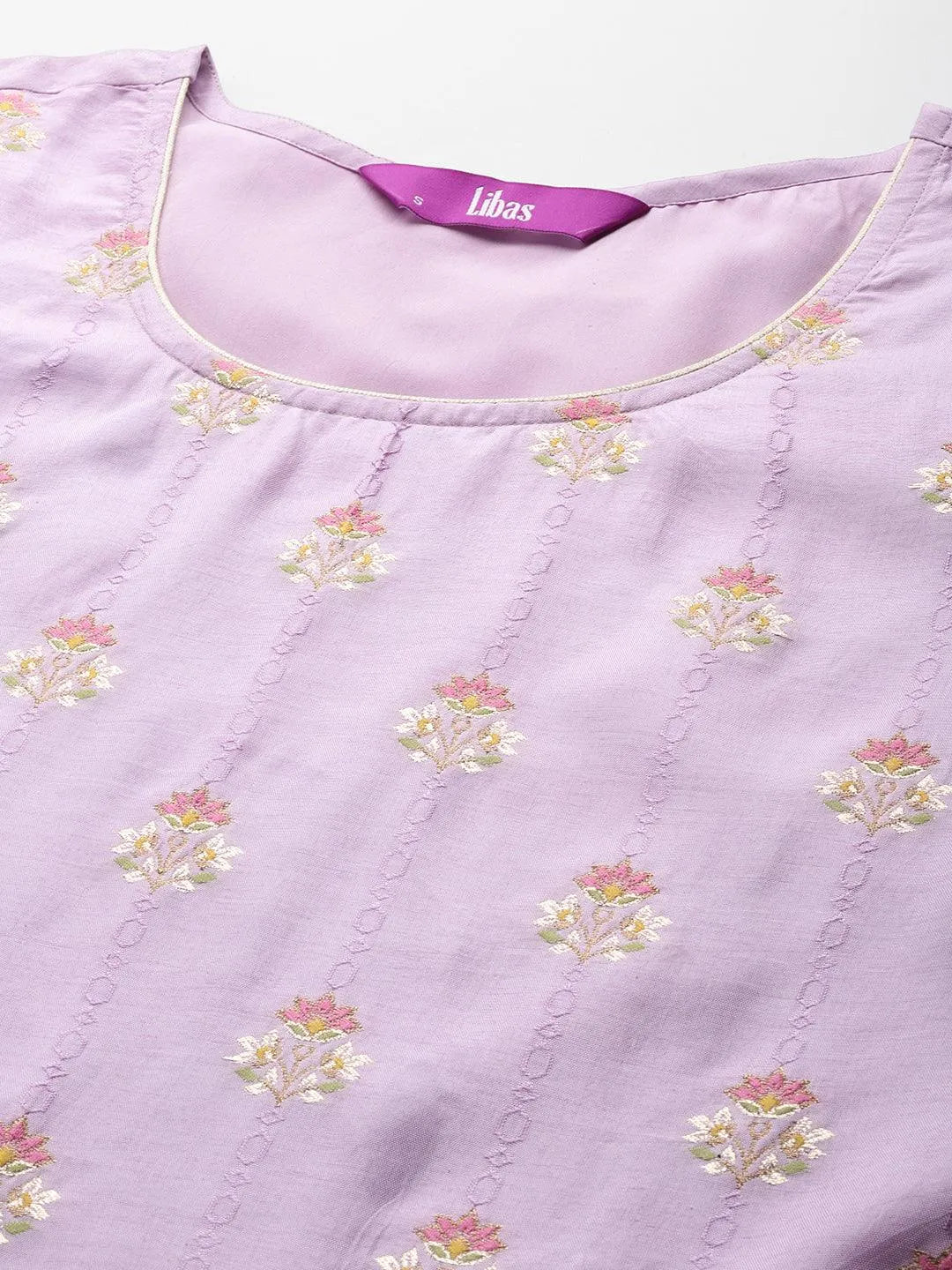 Lavender Woven Design Silk Blend Straight Kurta With Trousers & Dupatta - Libas 