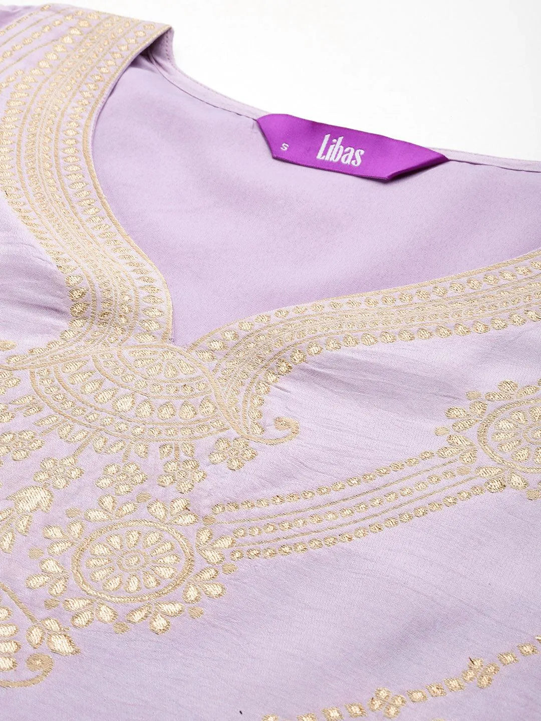 Lavender Woven Design Silk Blend Straight Kurta With Trousers & Dupatta - Libas 