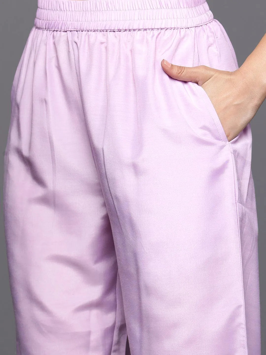 Lavender Woven Design Silk Blend Straight Kurta With Trousers & Dupatta - Libas 