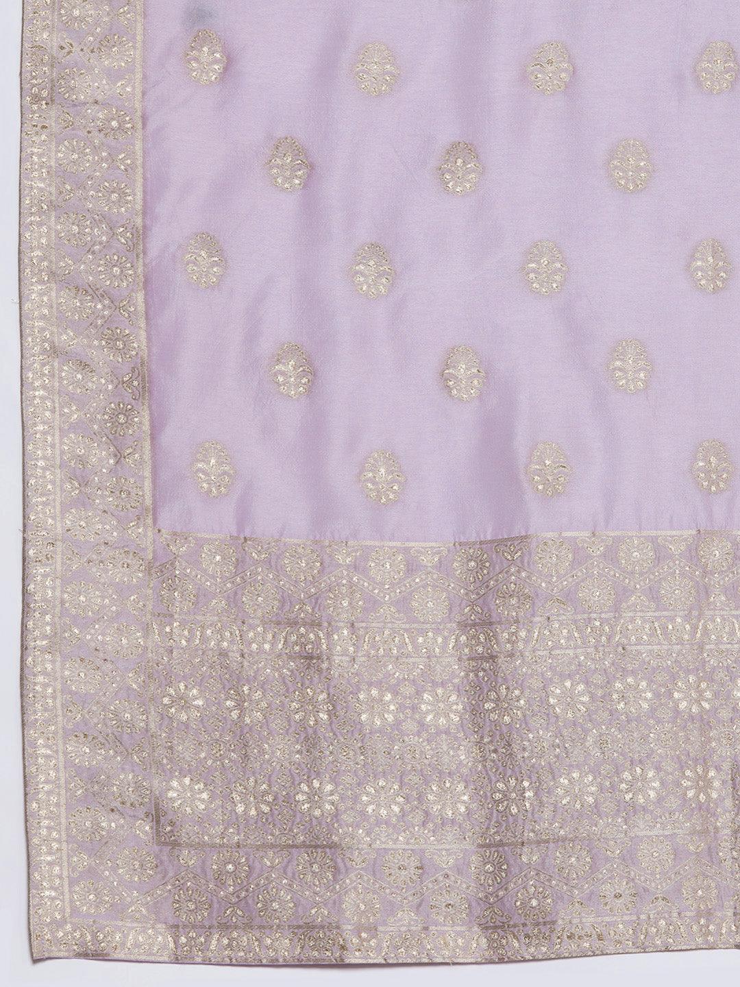 Lavender Woven Design Silk Blend Straight Kurta With Trousers & Dupatta - Libas