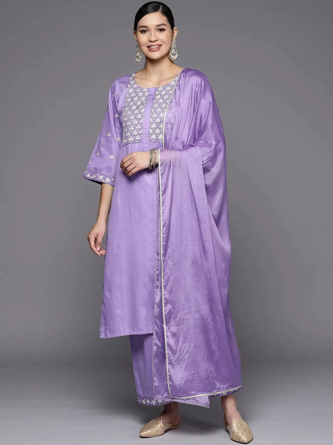 Lavender Yoke Design Silk Blend Straight Suit Set With Palazzos - Libas
