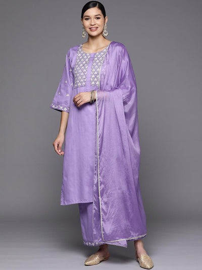 Lavender Yoke Design Silk Blend Straight Suit Set With Palazzos - Libas