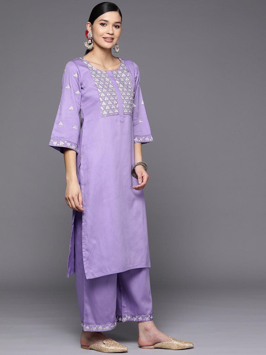 Lavender Yoke Design Silk Blend Straight Suit Set With Palazzos - Libas