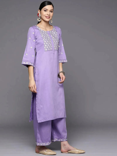 Lavender Yoke Design Silk Blend Straight Suit Set With Palazzos - Libas