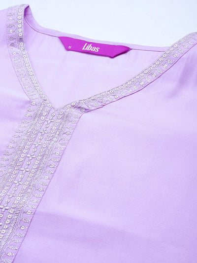 Lavender Yoke Design Silk Blend Straight Kurta With Trousers & Dupatta - Libas