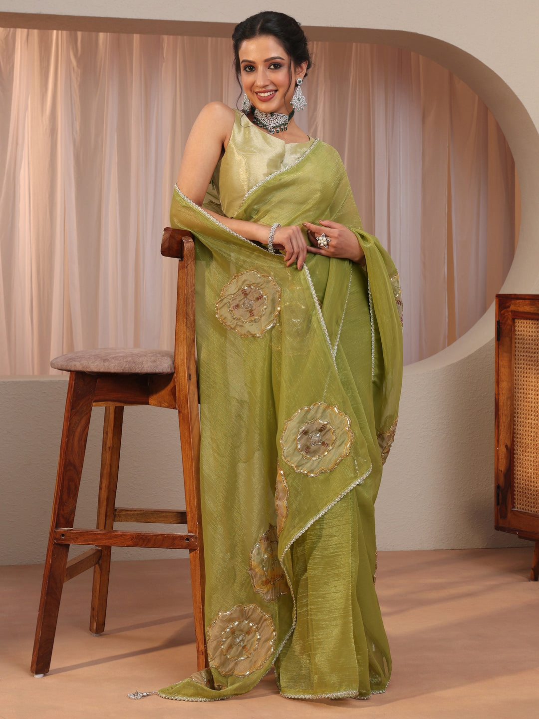  Leaf Green Floral Applique Tissue Saree 