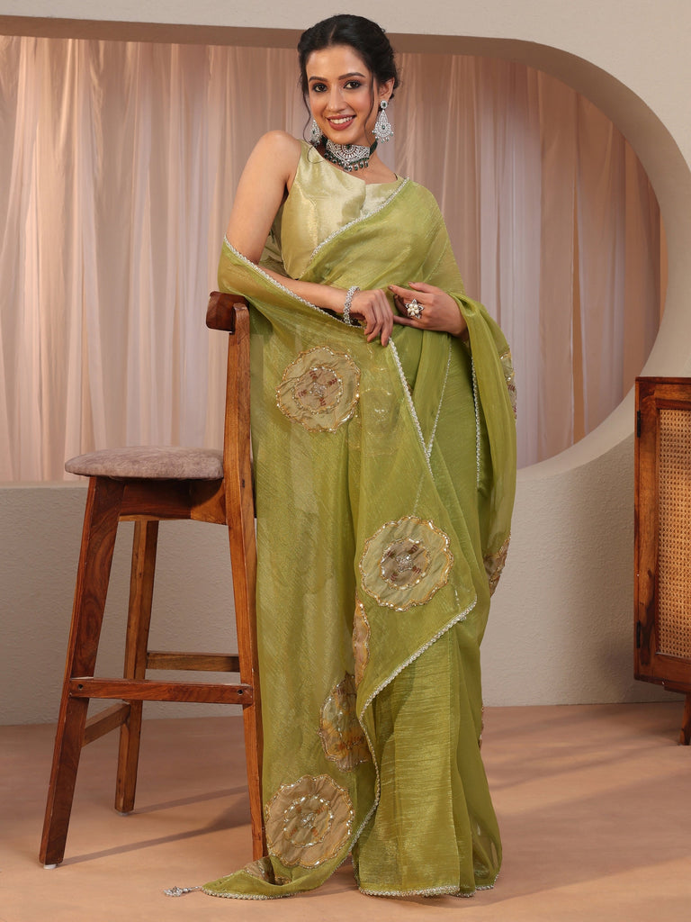 Libas Leaf Green Floral Applique Tissue Saree
