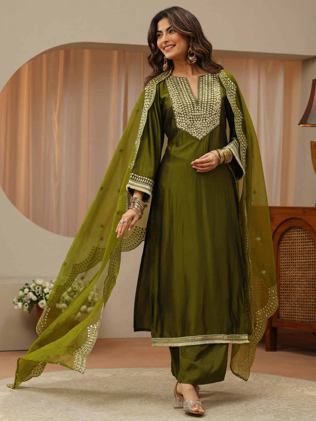  Leaf Green Mirror Work Yoke Silk Blend Straight Suit Set 