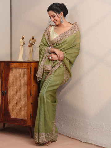 Leaf Green Tissue Saree With Embroidered Border