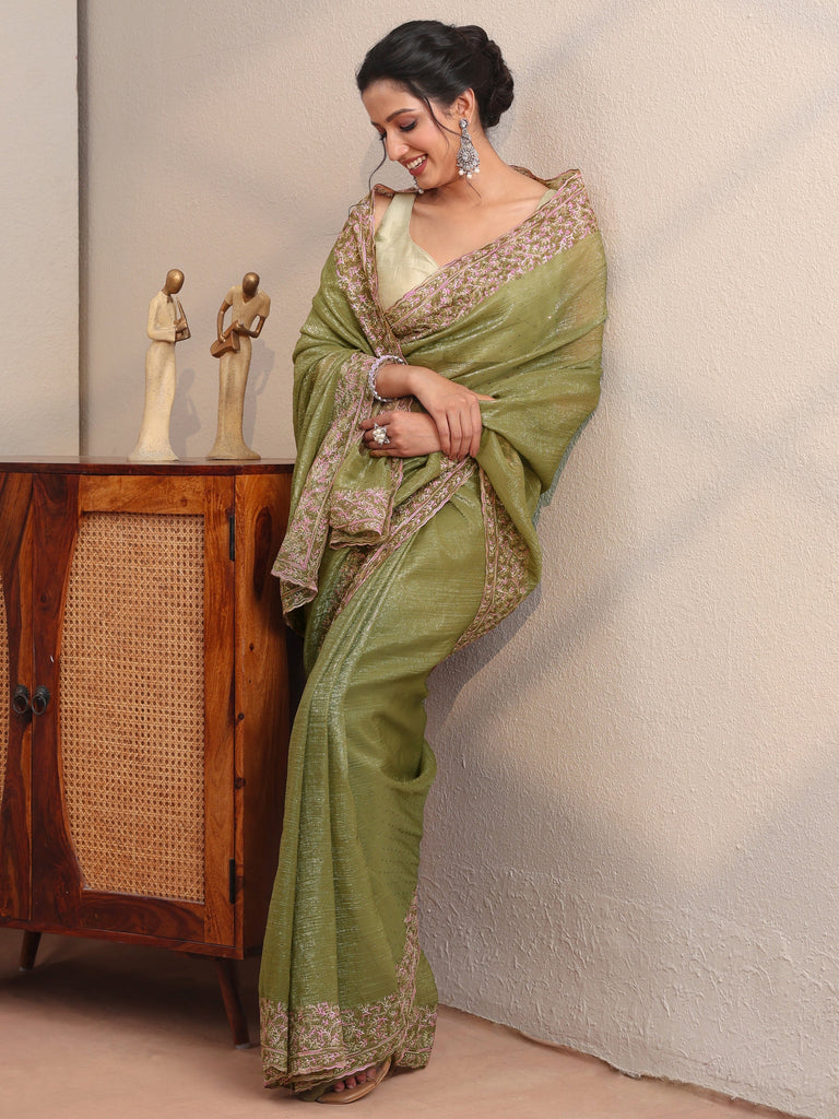Libas Leaf Green Tissue Saree With Embroidered Border