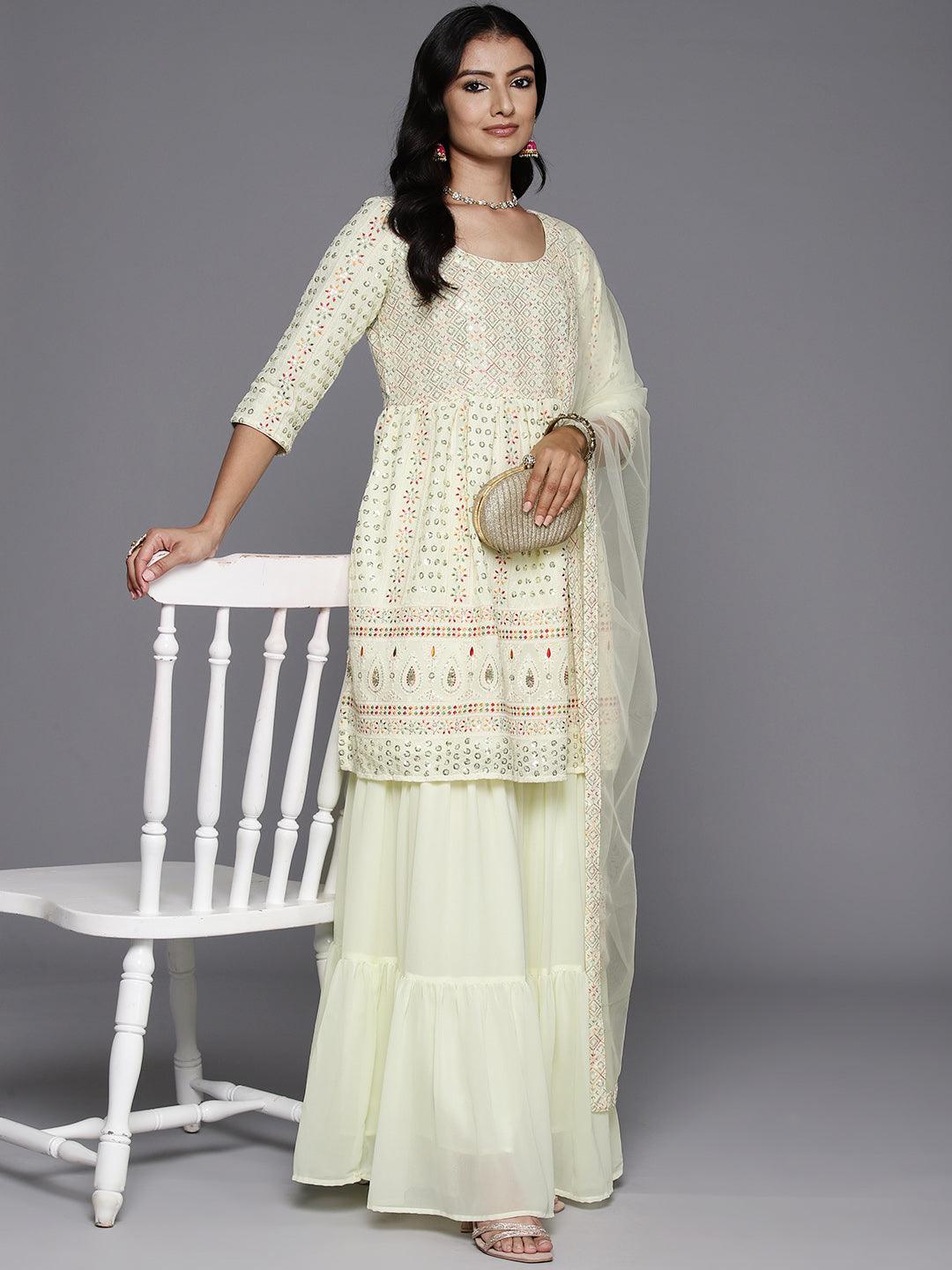 Lemon Embroidered Georgette A-Line Sharara Suit Set With Dupatta