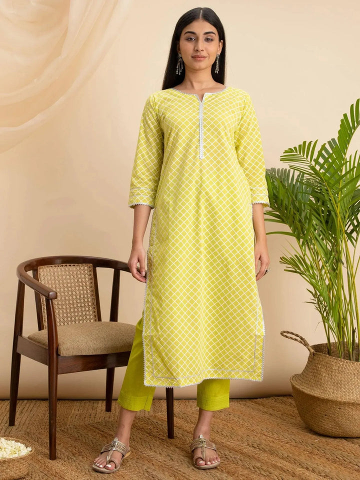 Lemon Green Printed Cotton Kurta - Libas