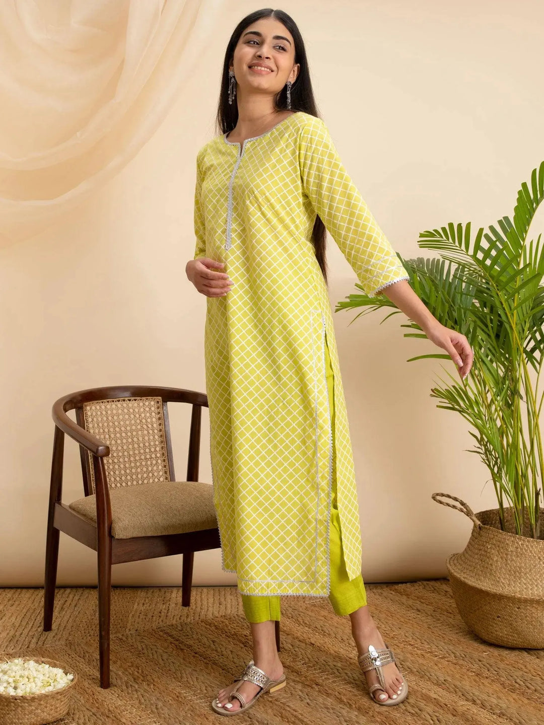 Lemon Green Printed Cotton Kurta - Libas 