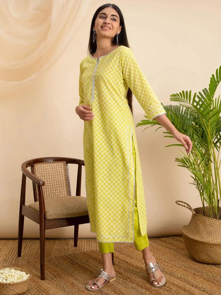 Lemon Green Printed Cotton Kurta - Libas