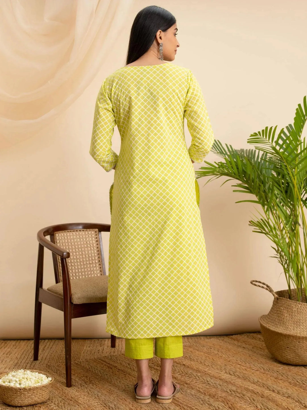 Lemon Green Printed Cotton Kurta - Libas