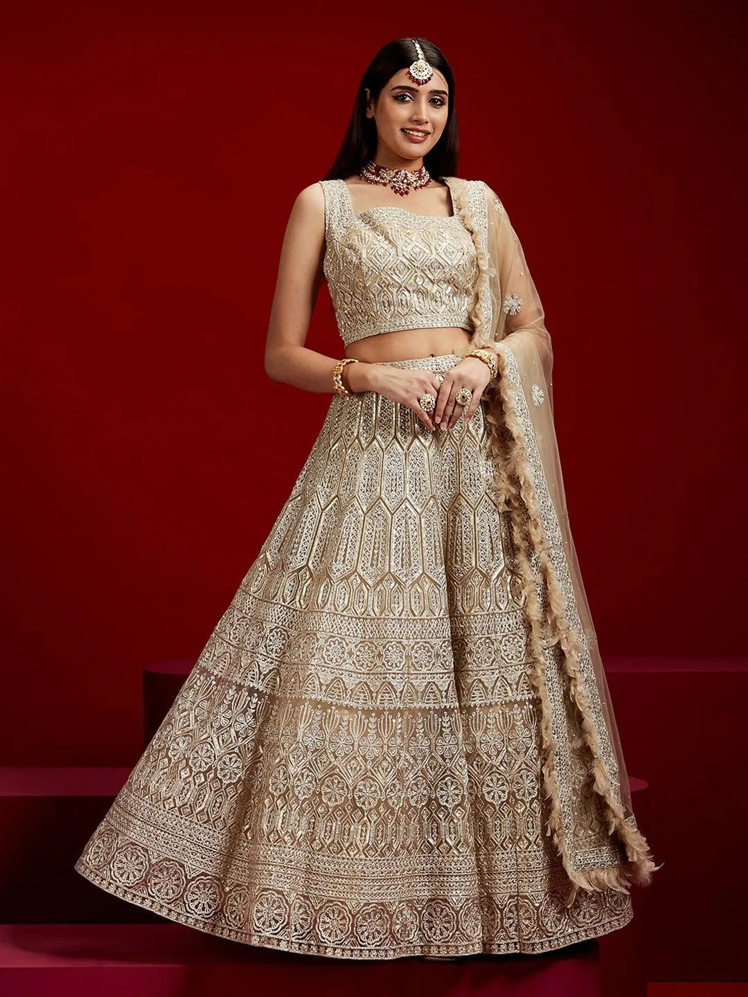 Libas Art Beige Embellished Net Lehenga Set - Libas