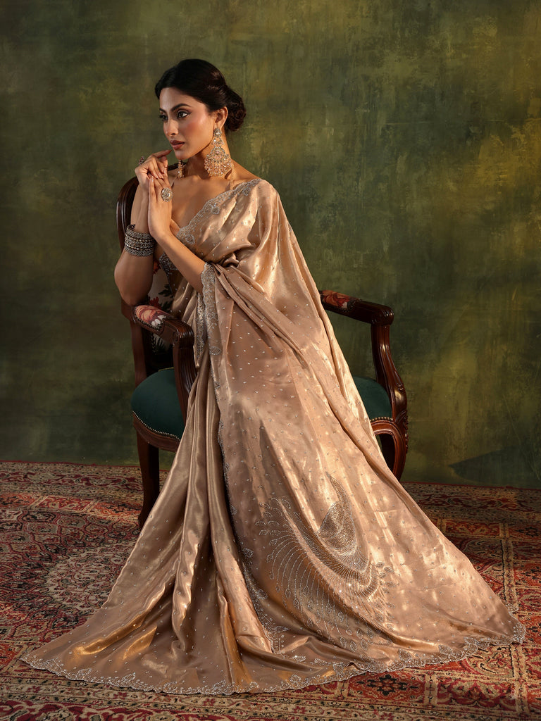 Libas Art Beige Embellished Silk Blend Saree With Unstitched Blouse Piece