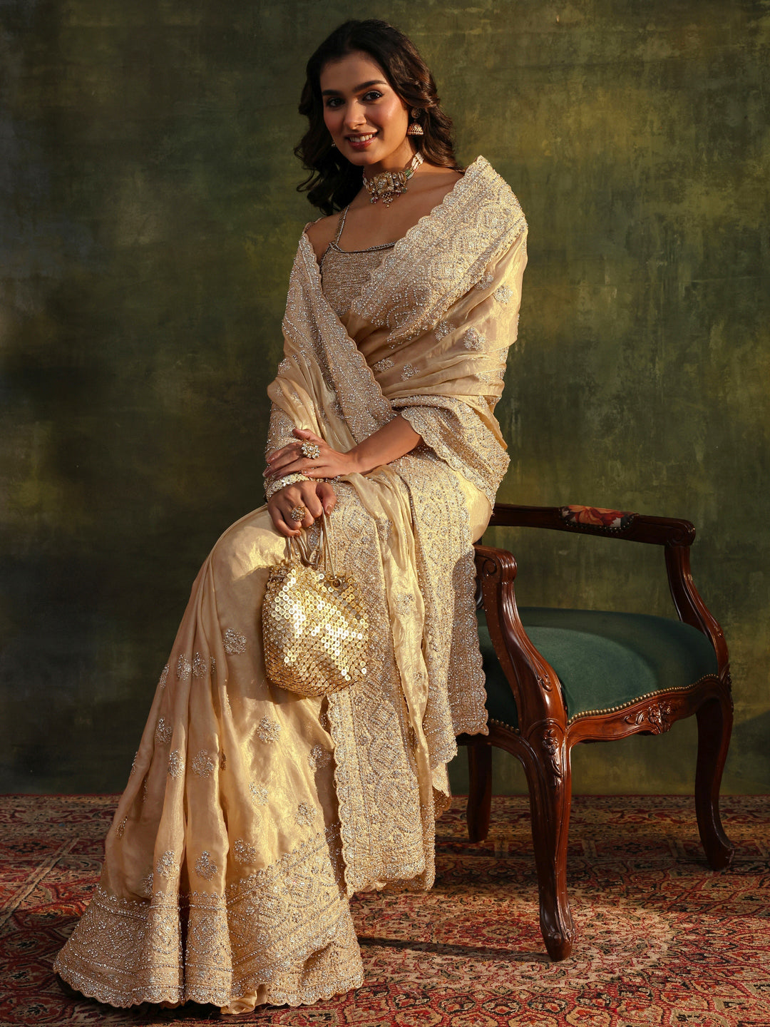  Libas Art Beige Embellished Tissue Saree With Unstitched Blouse Piece 