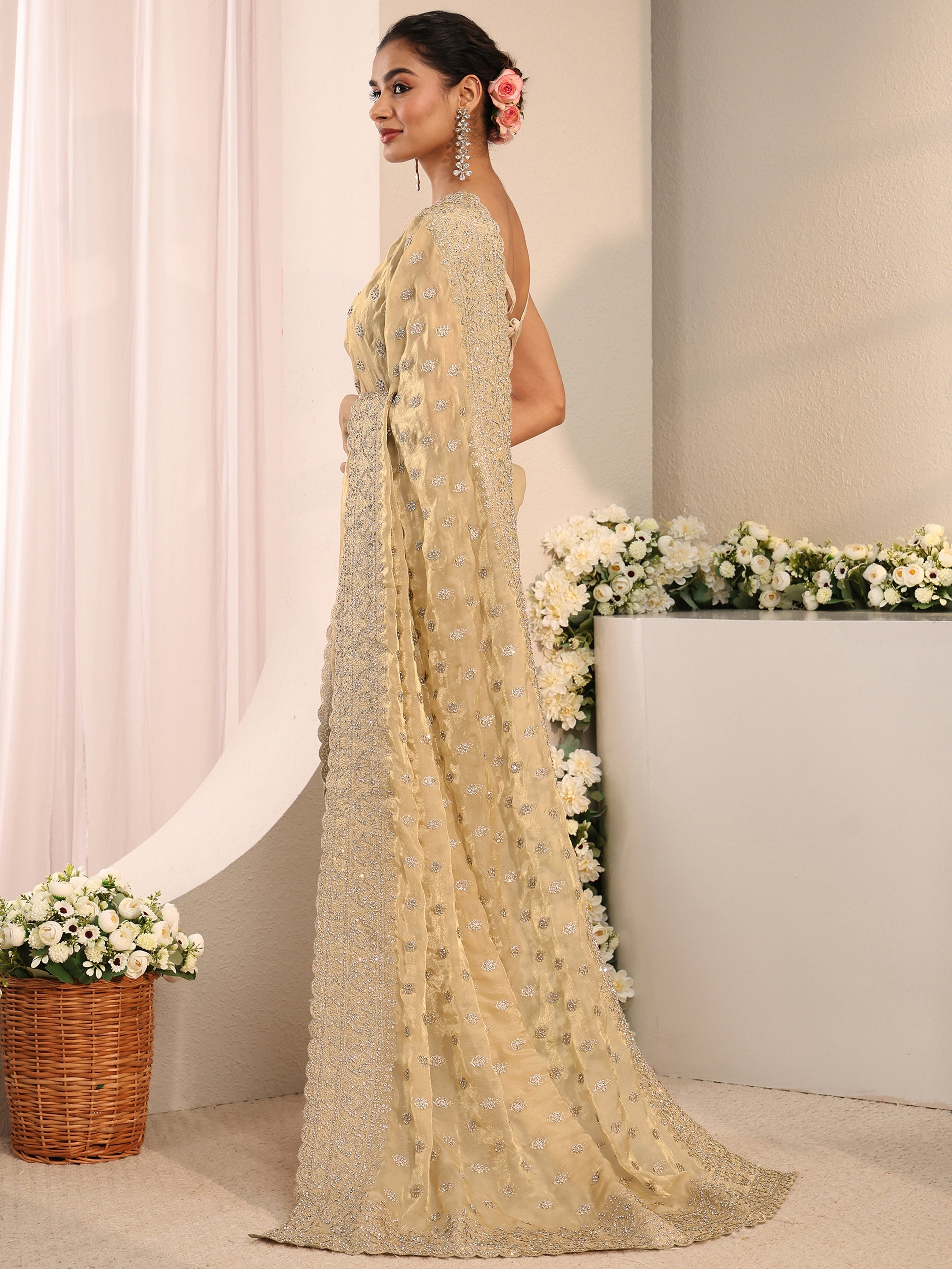 Libas Art Beige Embellished Tissue Saree With Unstitched Blouse Piece-picture-17