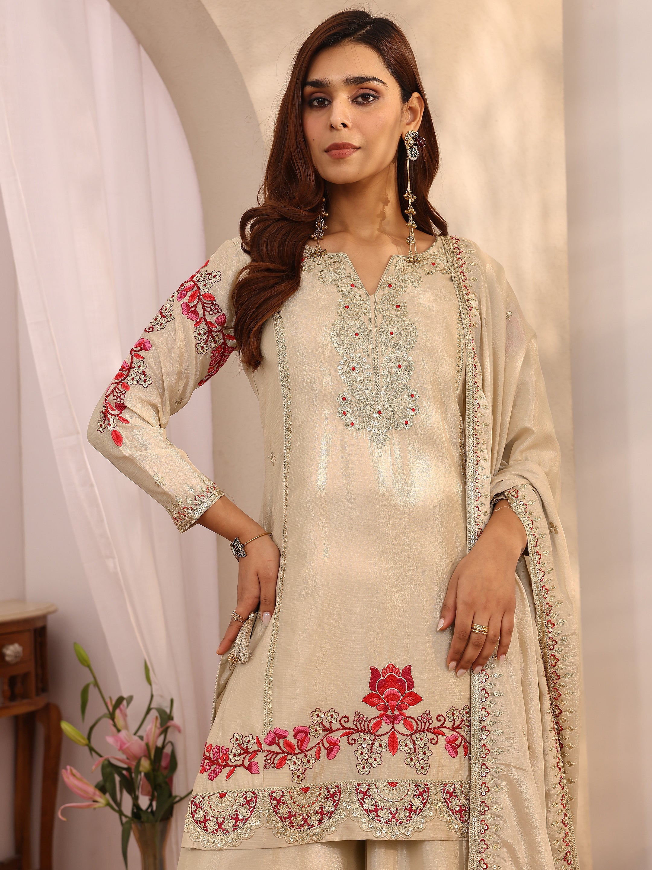 Libas Art Beige Embroidered Chinon Straight Suit Set With Dupatta-image-49