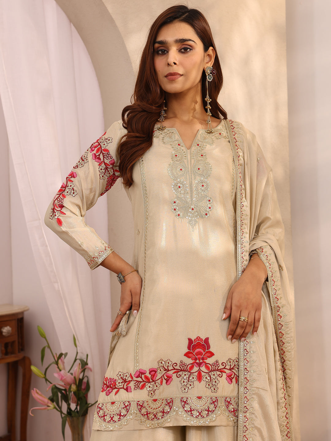 Libas Art Beige Embroidered Chinon Straight Suit Set With Dupatta