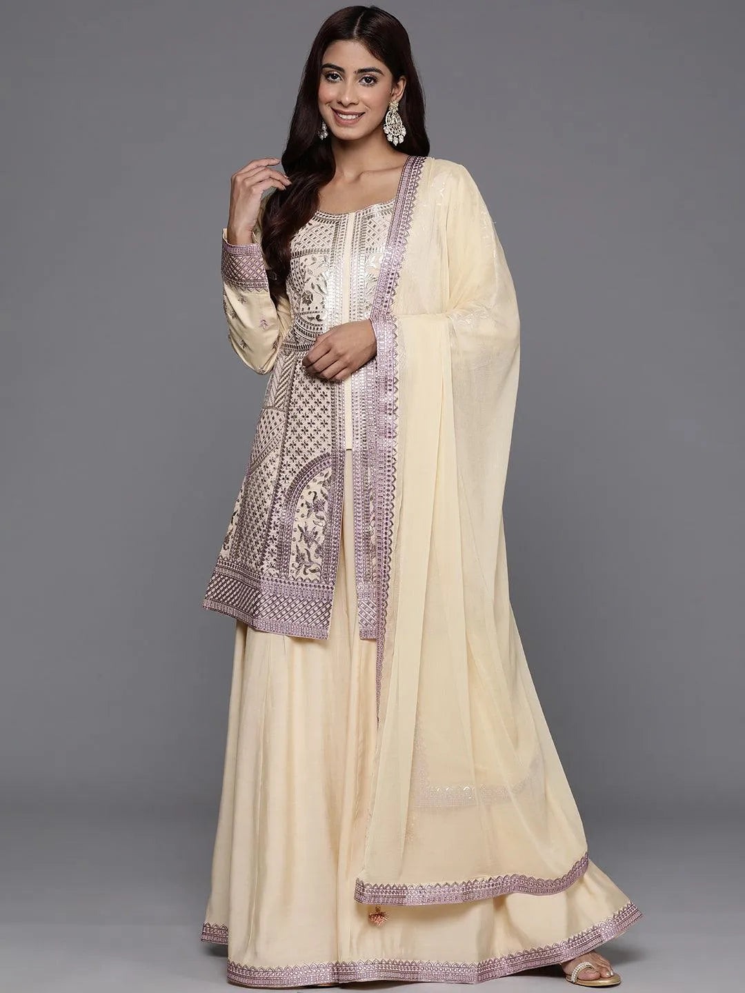 Libas Art Beige Embroidered Silk Blend Straight Kurta With Palazzos & Dupatta - Libas