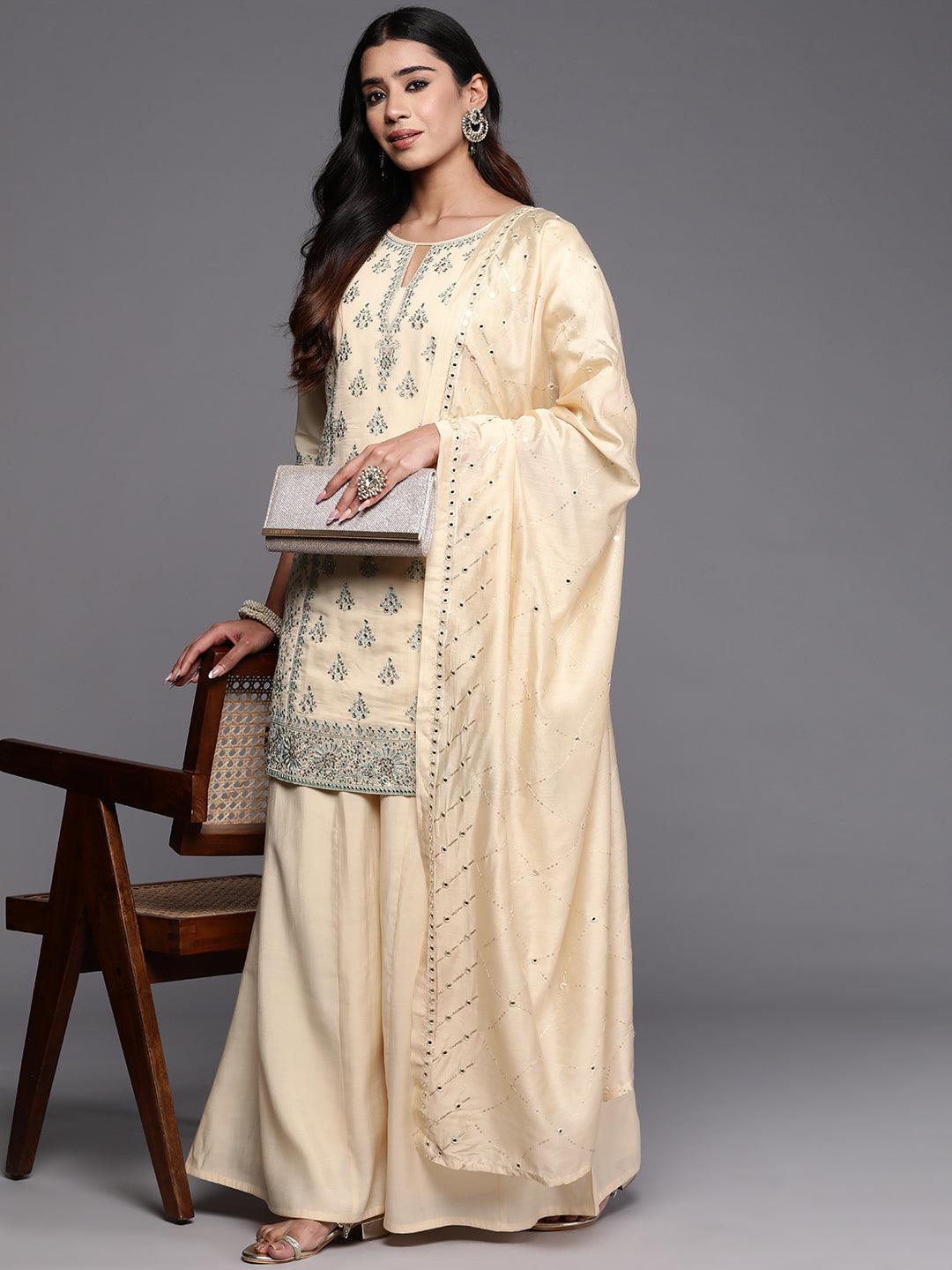 Libas Art Beige Embroidered Silk Blend Pakistani Suit